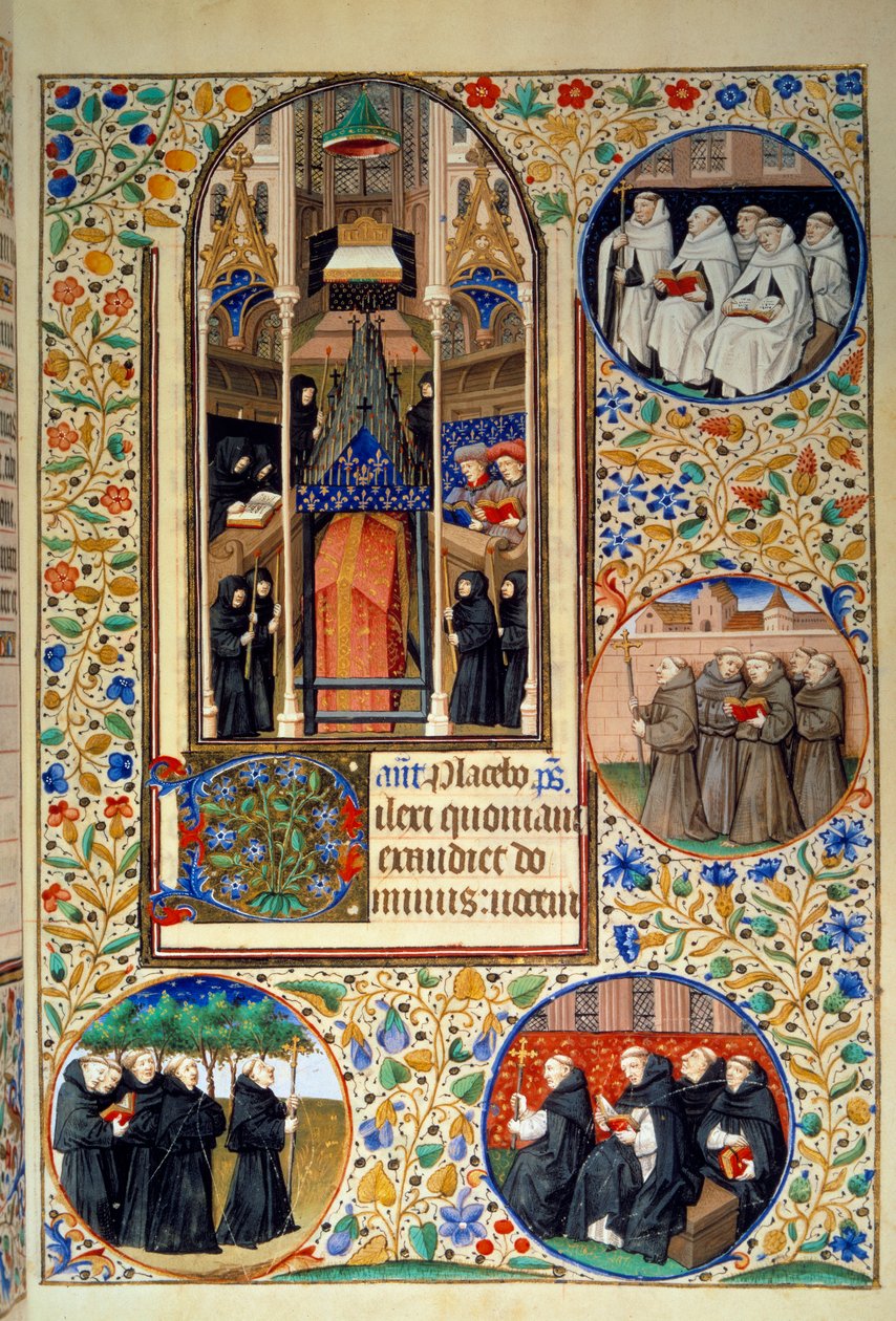 修道院生活的场景。 在奖章中，从上到下依次是 Carmes、Franciscans、Dominicans、Augustins（左）。 来自贝德福德大师工作室照亮的“根据巴黎用法的小时书”的缩影。 1450. 巴黎，B.N. 作者 贝德福德大师讲习班