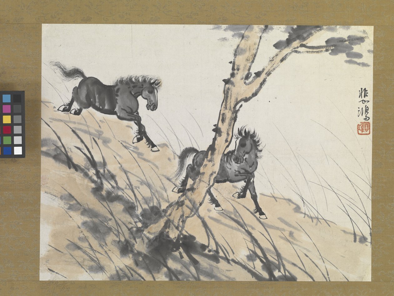 山坡上的两匹马，20 世纪初（纸本水墨彩色画） 作者 徐悲鸿