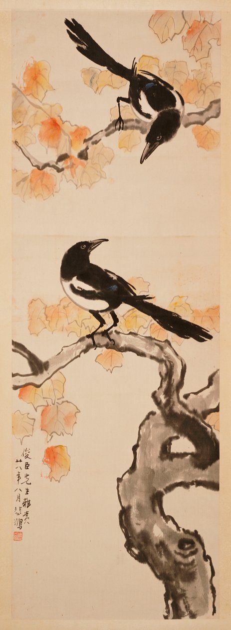 红叶树上的两只喜鹊 作者 徐悲鸿