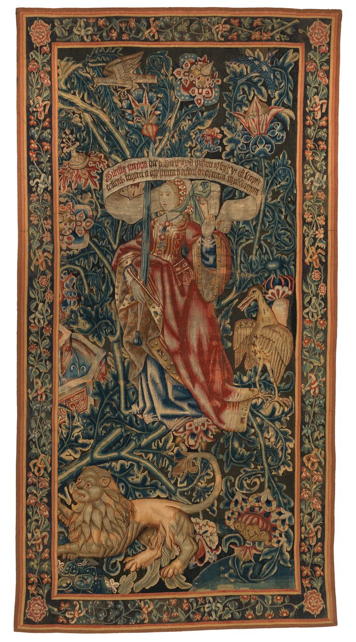 挂毯，Sibylla Europa（被称为 "The Rothamsted Tapestries "的六幅 Sibyls 挂毯之一，包括 46.134 至 45.139）。比利时佛兰德斯、图尔奈或布鲁塞尔制造，约 1530 年（羊毛） 作者 比利时学校
