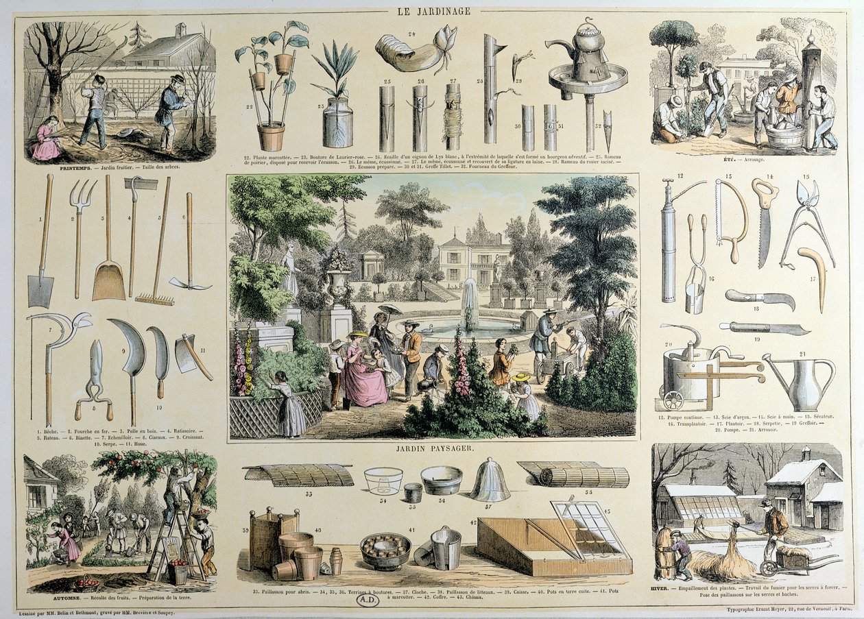 园艺教育描绘，园艺工具插图和每个季节适当活动的场景，（彩色雕刻） 作者 贝林和贝蒙特
