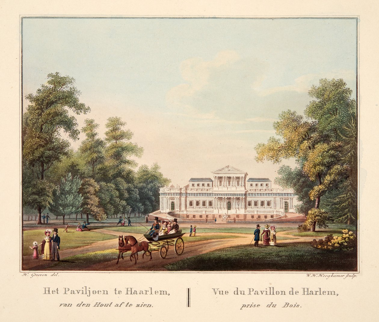在Jaarlem的亭子里，van den Hout看到了。 Vue du Pavillon de Harlem，1825年杜博伊斯奖（手工彩色雕刻） 作者 本德里克·格雷文（Bendrik Greeven）