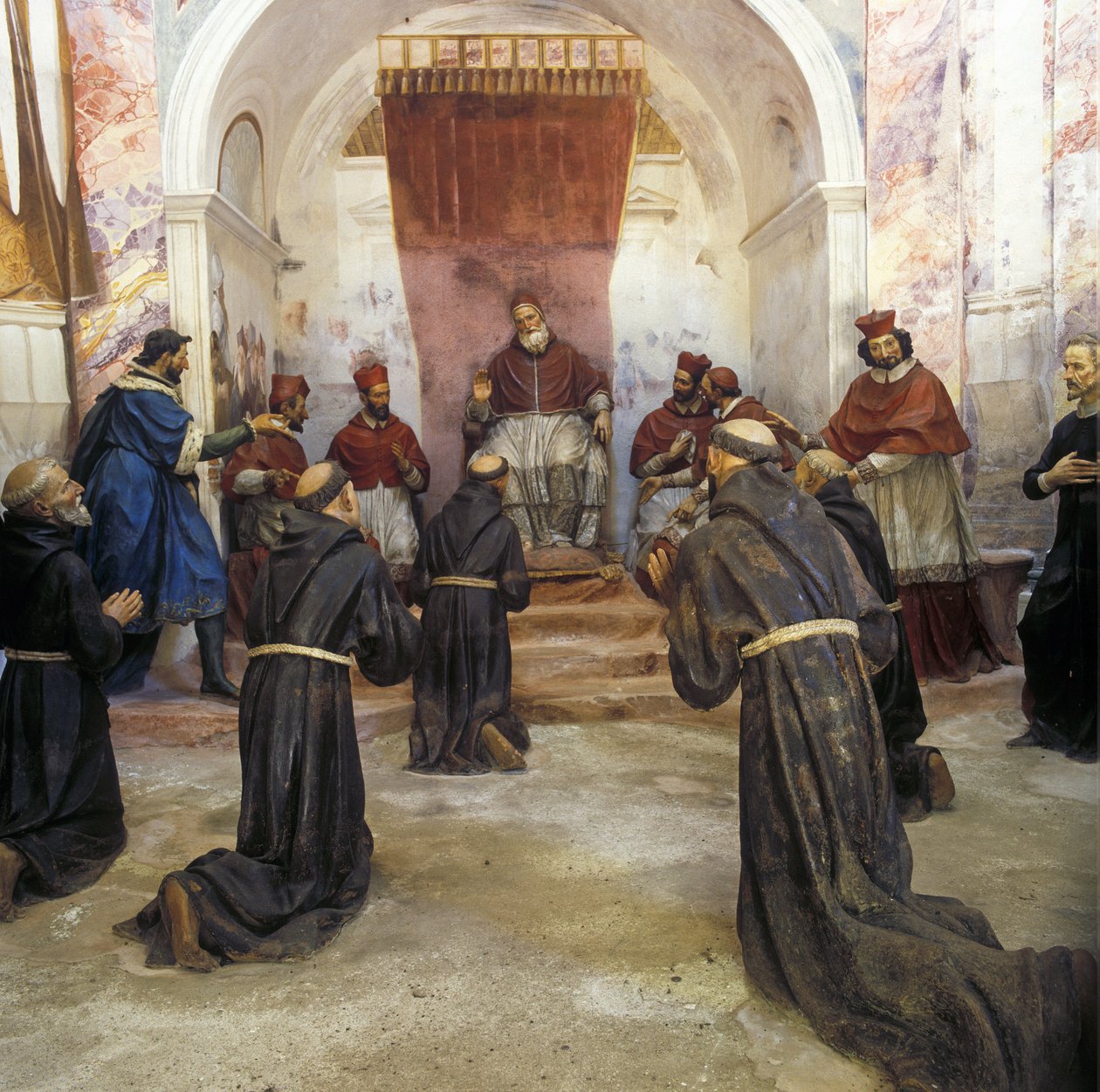 1210 年，教皇英诺森三世（1160-1216 年）批准了阿西西的圣弗朗索瓦和方济各会的第一条规则（壁画） 作者 贝内代托 (1580 1630) 克雷斯皮