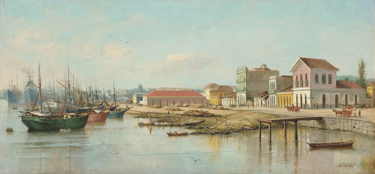 Benedito Calixto - Porto do Bispo，Santos，SP，从海上看，1887 年 作者 贝尼迪托·卡利克斯托（Benedito Calixto）