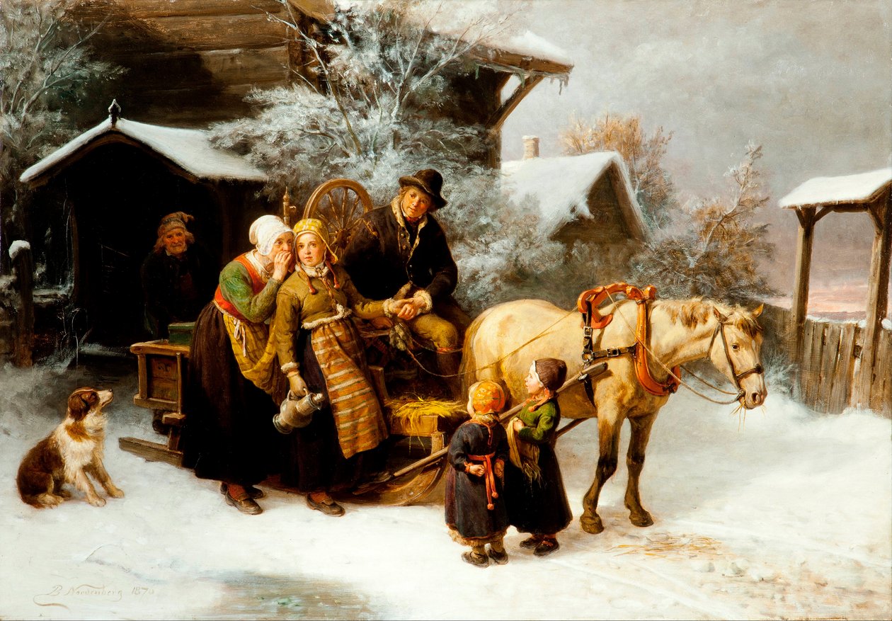 "" Le leave de la maison "" 瑞典 Dalecarlian 地区的场景（离开家（Dalecarlian 场景）- Bengt Nordenberg 绘画（1822-1902）-布面油画 Dim 54.5x78 cm Hallwylska Museet，斯德哥尔摩 作者 本特·诺登伯格