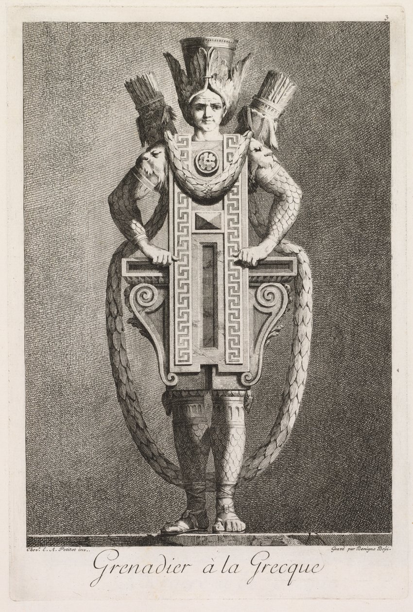 Masquerade à la Grecque: Grenadier à la Grecque Plate 3, 1771. 作者 贝尼尼奥·博西