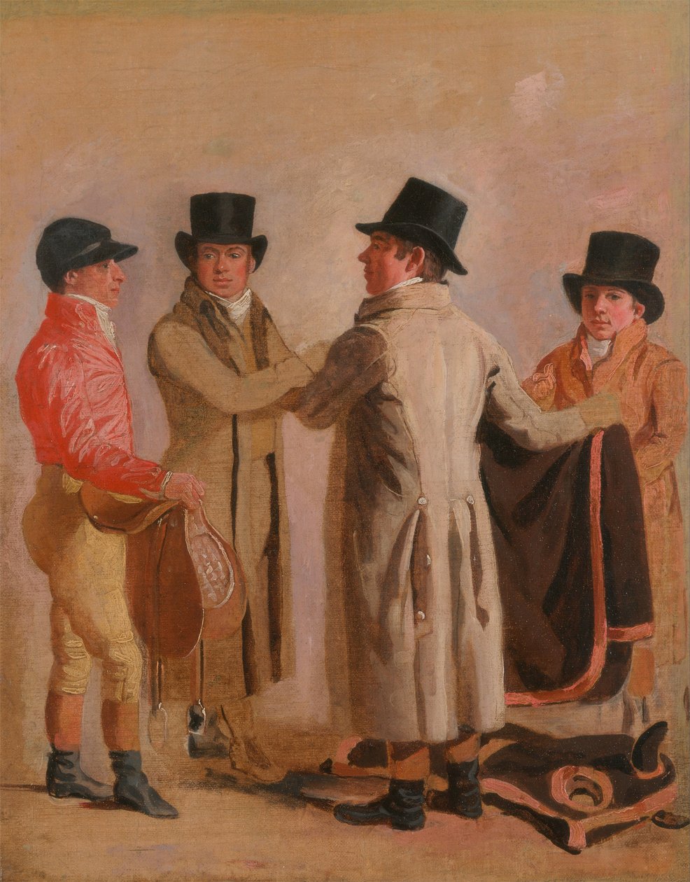 骑师Frank Buckle，老板兼饲养员John Wastell，他的训练师Robert Robson和一个稳定的小伙子 作者 本杰明·马歇尔