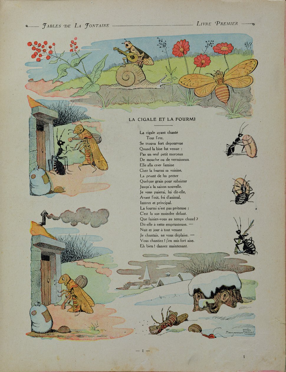 蝉和蚂蚁，来自Jean de la Fontaine的“寓言”（1621-95）1906 作者 本杰明·拉比尔