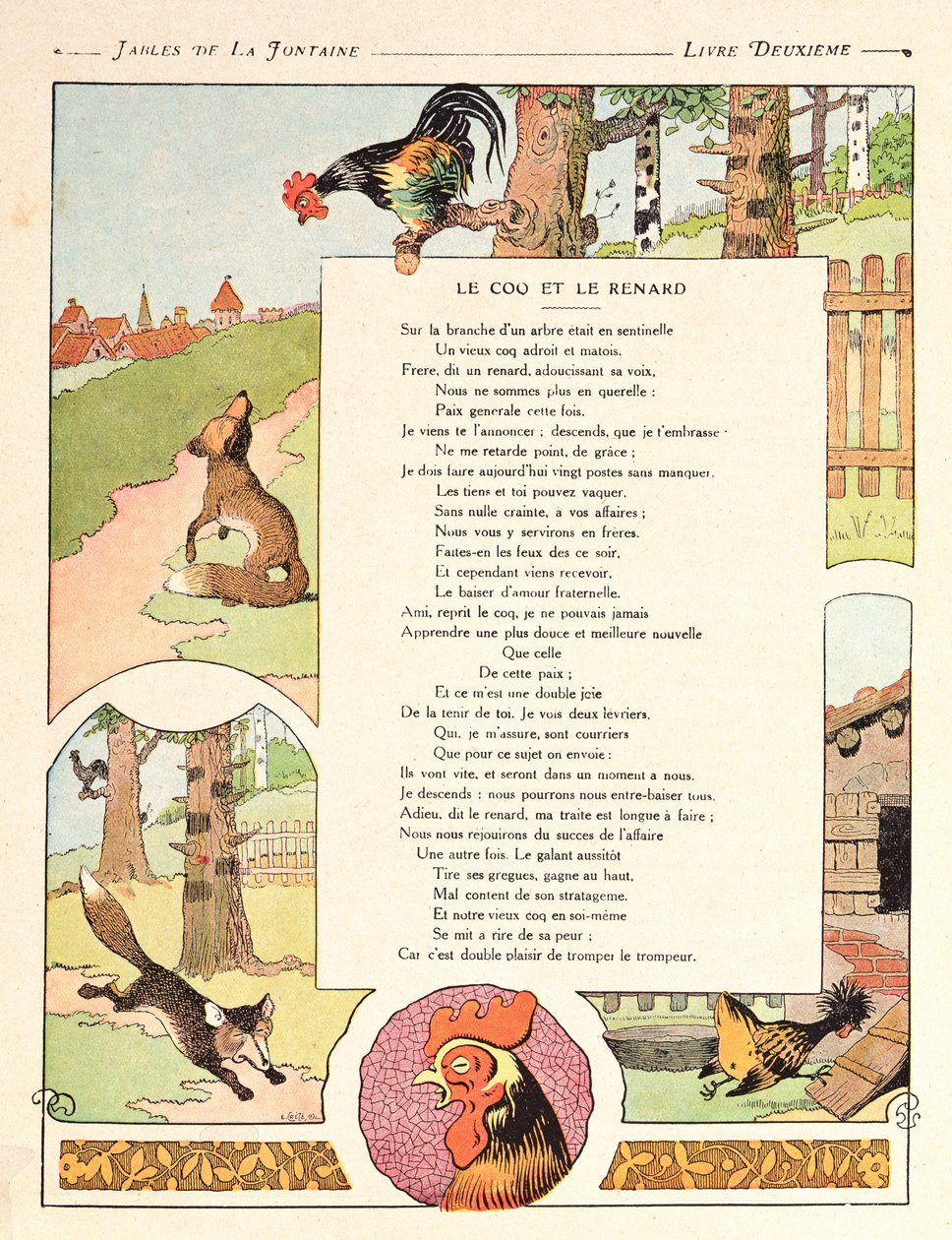 公鸡和狐狸，来自&39;寓言&39;的插图由Jean de la Fontaine，1906年版 作者 本杰明·拉比尔