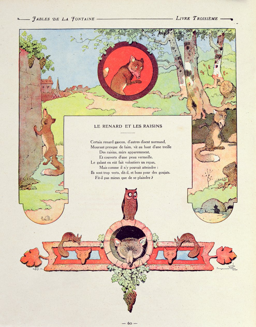 狐狸和葡萄，来自&39;寓言&39;的插图，由Jean de la Fontaine，1906年版 作者 本杰明·拉比尔