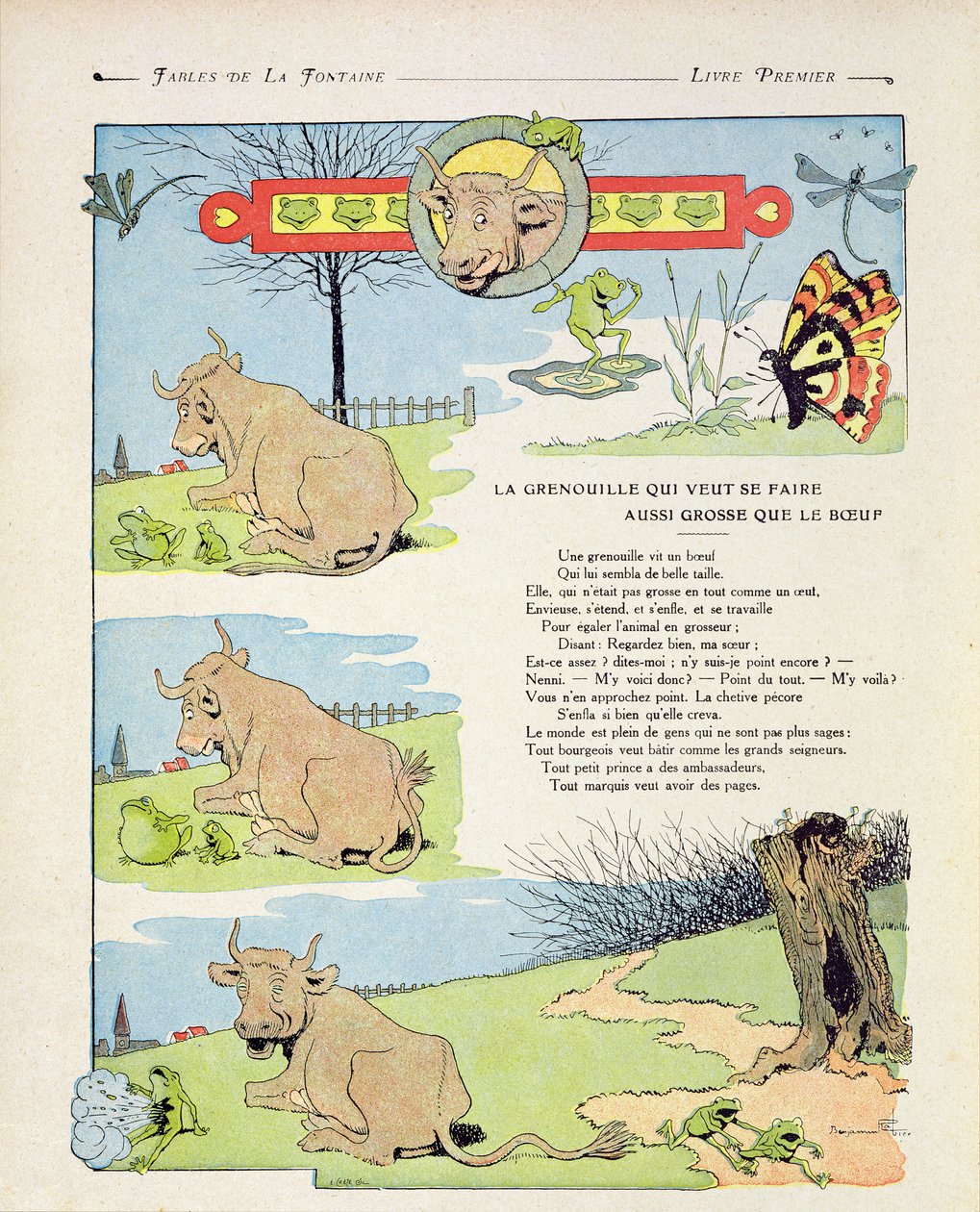 1906年版Jean de la Fontaine的“寓言”中的插图，想要像公牛一样胖的青蛙 作者 本杰明·拉比尔