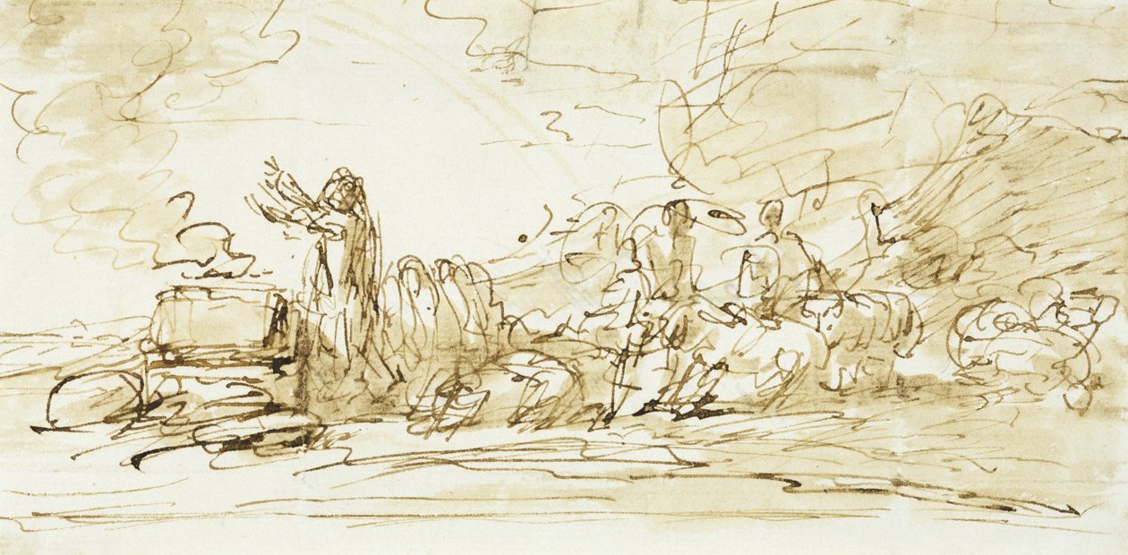 Noah Sacrificing，可能是1797-1801（笔，墨水和棕褐色纸上洗） 作者 本杰明·韦斯特