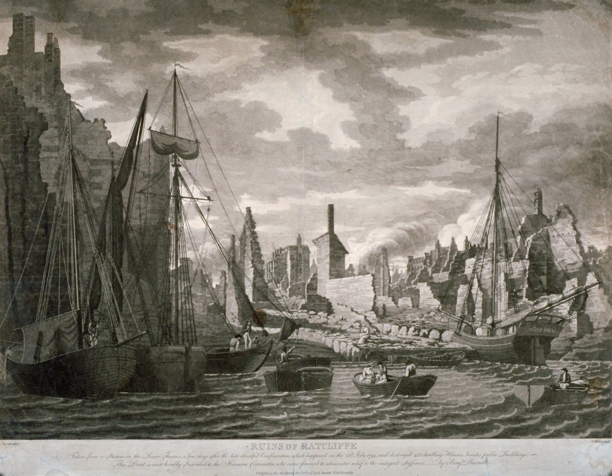伦敦Ratcliffe地区的景色，显示了1794年7月23日火灾后的废墟。 作者 本杰明·伯内尔