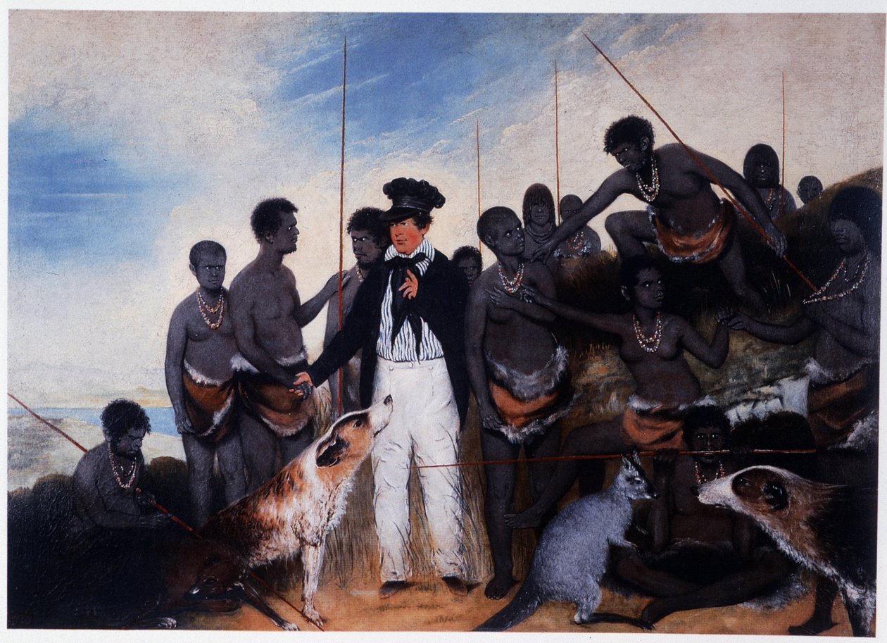 Kuyanjanitsa: msonkhano wa wokhala ndi gulu la Aaborijini ku Australia - mafuta pachisoti, lolembedwa ndi Benjamin Duterrau 作者 本杰明·杜特拉（Benjamin Duterrau）