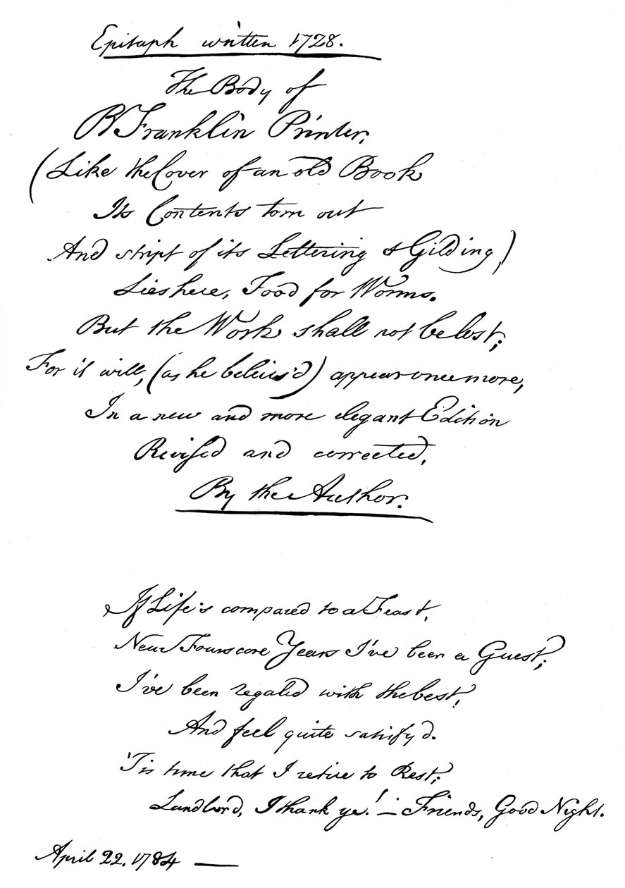 本杰明·富兰克林斯墓志铭，他自己写，1728年，1840年 作者 本杰明·富兰克林
