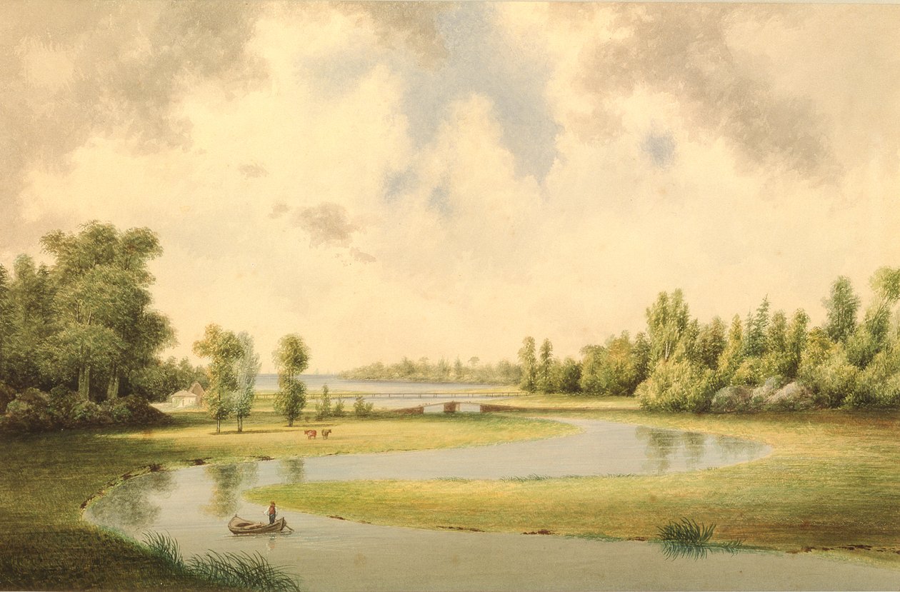 West River，New Haven，Connecticut，c.1854-60（wc on paper） 作者 本杰明·科