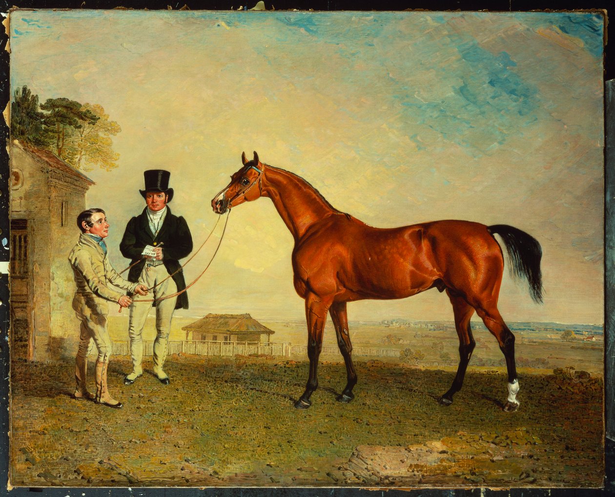 新郎在新市场希思（Newmarket Heath）举行的海湾赛马“斯基夫（Skiff）”和马able的所有者约翰·豪（John Howe）一起在1829年 作者 本杰明·马歇尔
