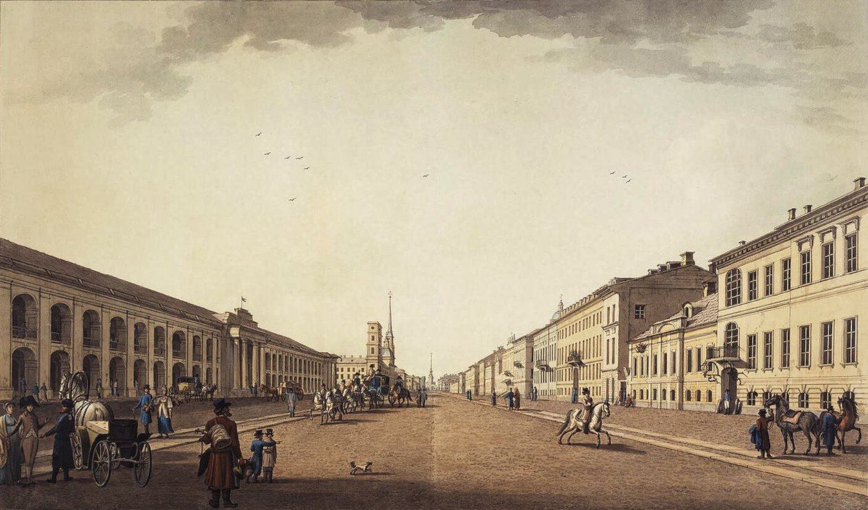 涅夫斯基大街在戈斯提·德沃尔附近的景色，圣彼得堡，1799年 作者 本杰明·帕特森（Benjamin Paterssen）