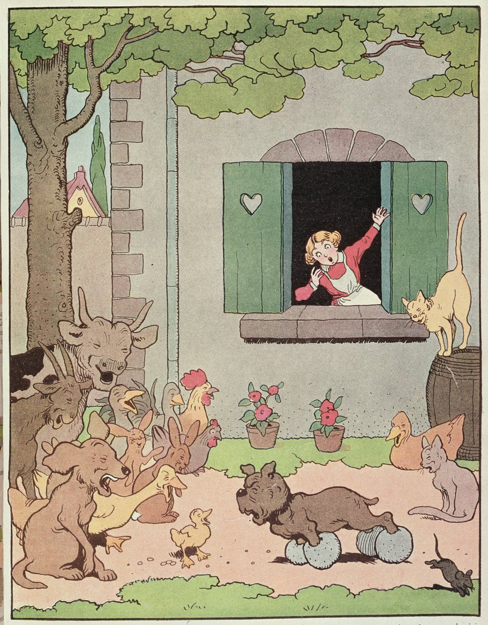 农场动物因格罗尼亚的失败而欢欣鼓舞，《Placide et Gedeon》插图，1926 年（彩色平版印刷） 作者 本杰明·拉比尔