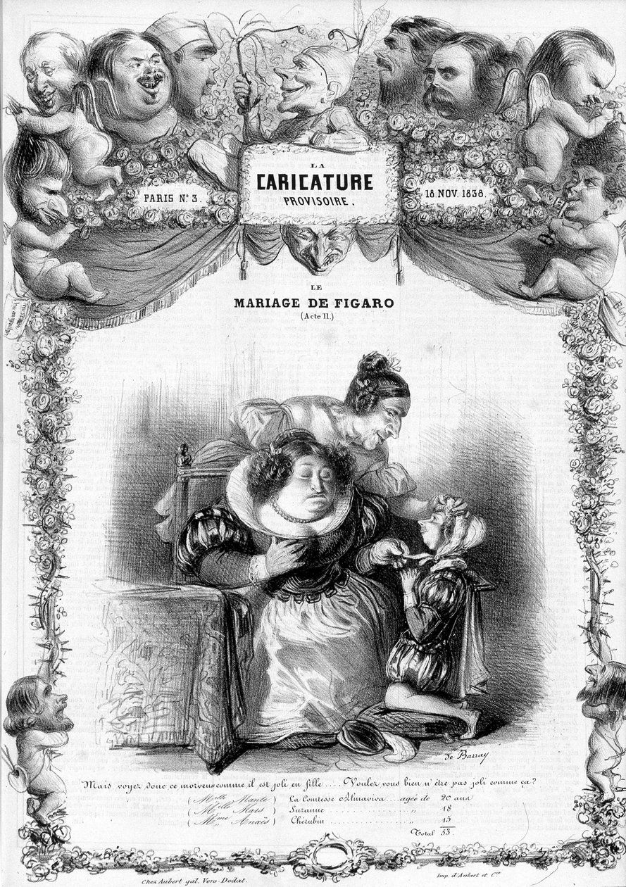 Figaro 的婚姻，Act 11，与 Suzanne 和伯爵夫人 Almaviva 的角色：“”_但是看这鼻涕作为一个女孩有多漂亮......你不会像那样漂亮吗？ "" 插图，1838 年。 作者 本杰明·鲁博