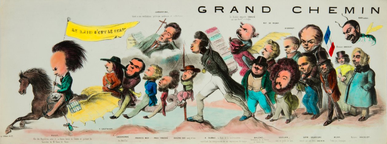 后裔的伟大骑行。 (Monte on the Roman Pegase, Victor Hugo (1802-1885), Hugolatres 的国王，他的托莱多利刃的武器，带着巴黎圣母院的旗帜，带走了 Theophile Gautier (1811-1872), Bernard Adolphe Granier 作者 本杰明·鲁博