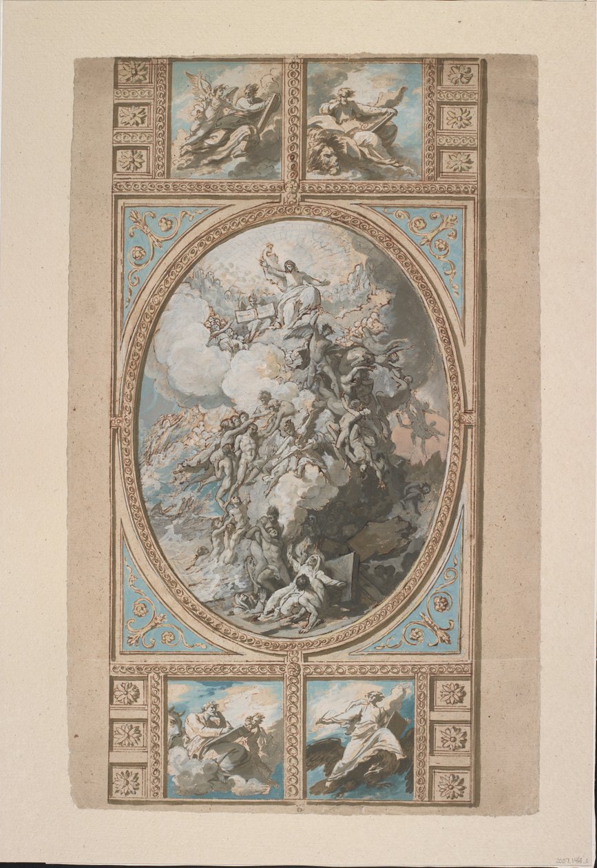皇家礼拜堂的天花板装饰设计，温莎城堡（正面），c.1779（黑色粉笔，钢笔和棕色墨水和水彩，加上白色，灰色和蓝色的体色和棕色水洗 作者 本杰明·韦斯特