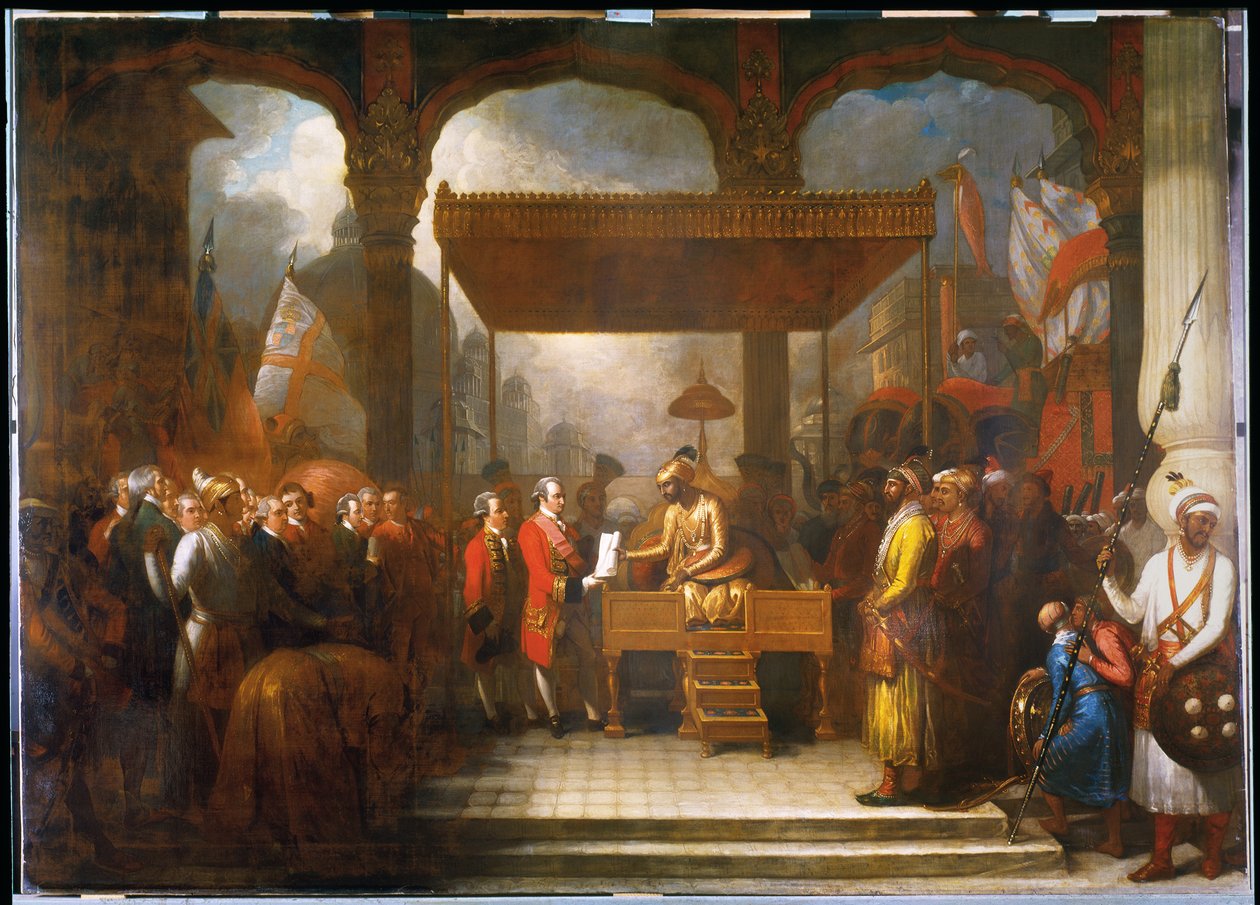 1765 年 8 月，沙阿-阿拉姆向克莱夫勋爵转达迪瓦尼的授予（布面油画） 作者 本杰明·韦斯特