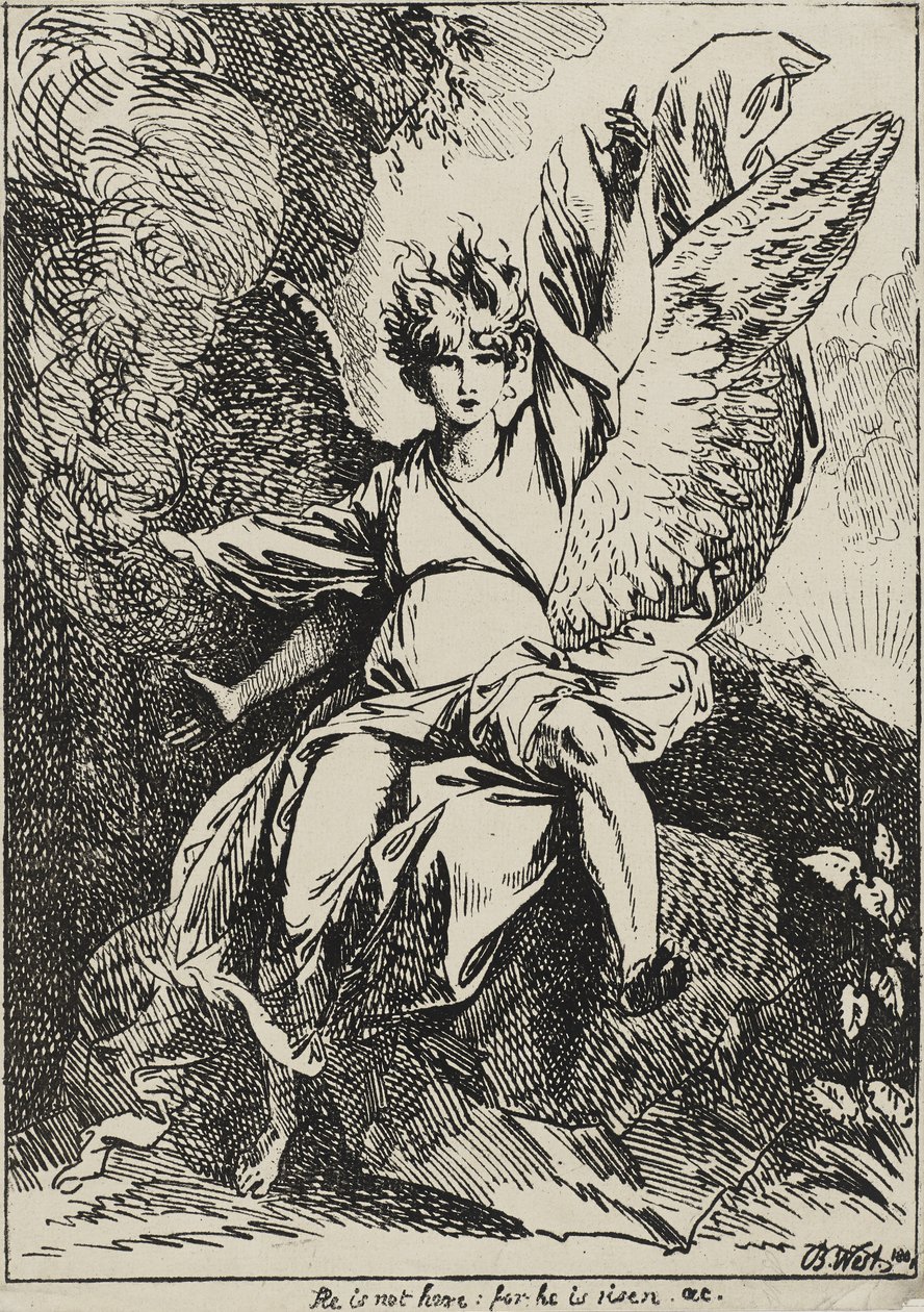 复活的天使，1801年（在编织纸上的钢笔版画安装在原始的编织支撑板上，带有灰褐色的aquatint） 作者 本杰明·韦斯特