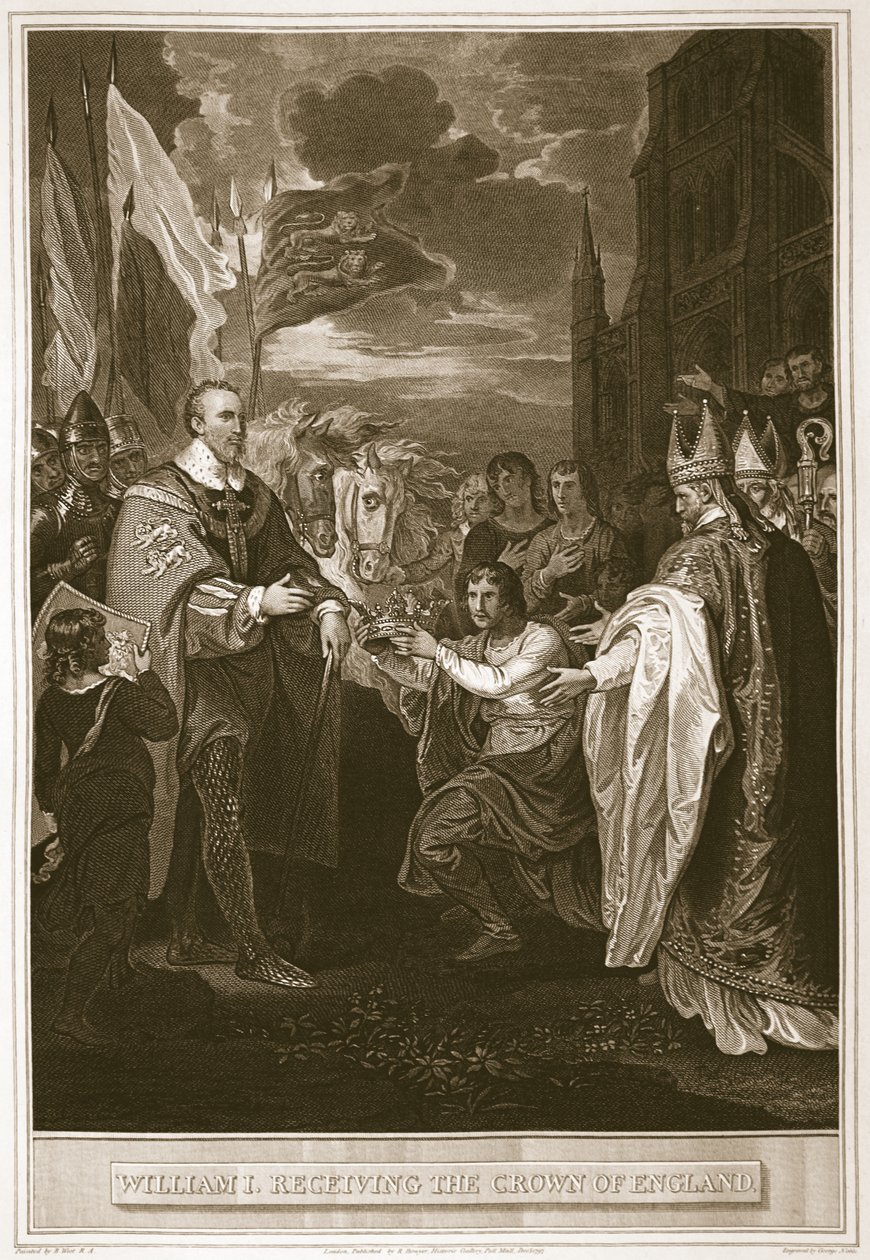 威廉一世获得英格兰王冠，由乔治·诺布尔（George Noble）刻，大卫·休姆（David Hume）的“英国历史”（The History of England），插图。作者：R. Bowyer，伦敦，1812年 作者 本杰明·韦斯特