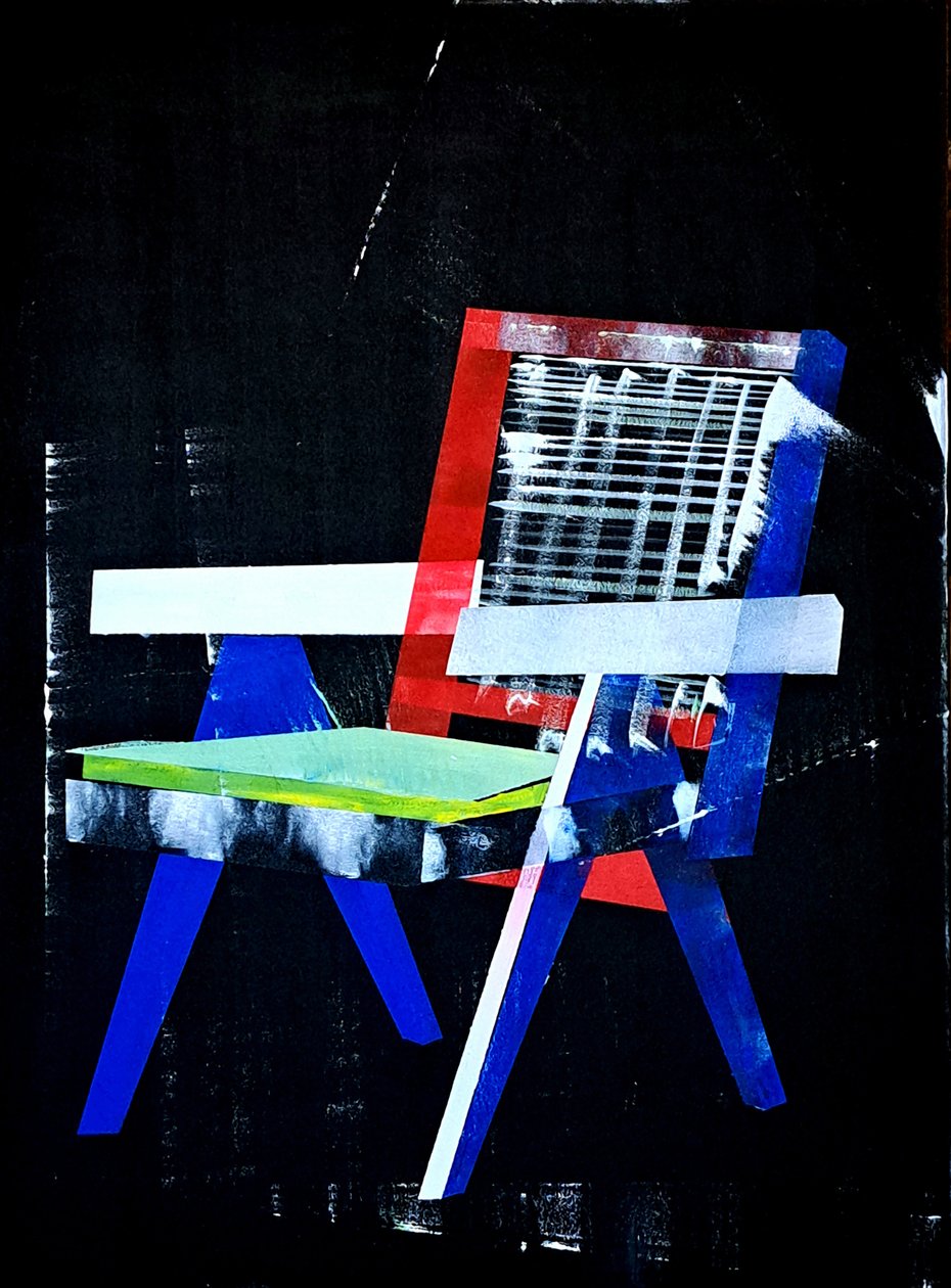 Chandigarh 沙发，取材于 Pierre Jeanneret，2023 年（混合画布上的油彩和丙烯）。 作者 伯努瓦·埃尔万·布歇罗