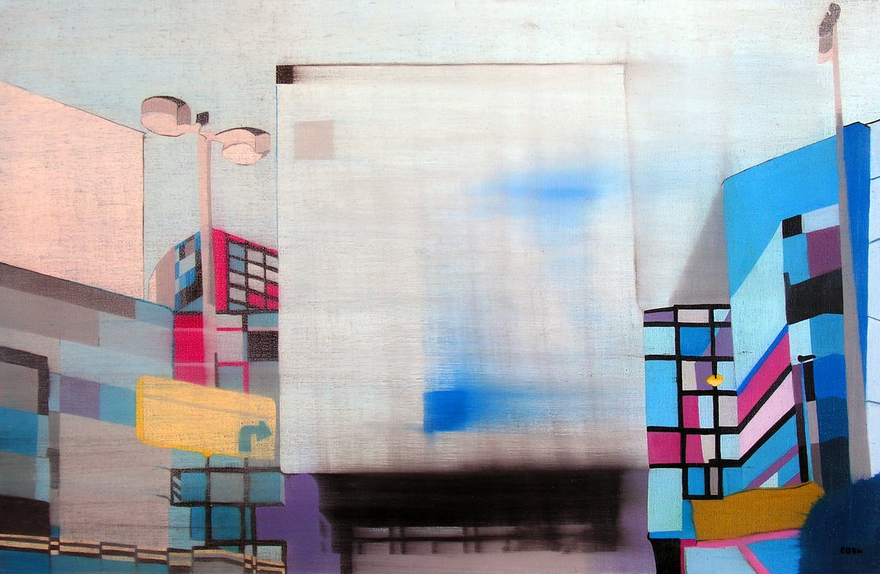 透过车窗的洛杉矶市中心，2003 年（两块并列画布上的油彩） 作者 伯努瓦·埃尔万·布歇罗