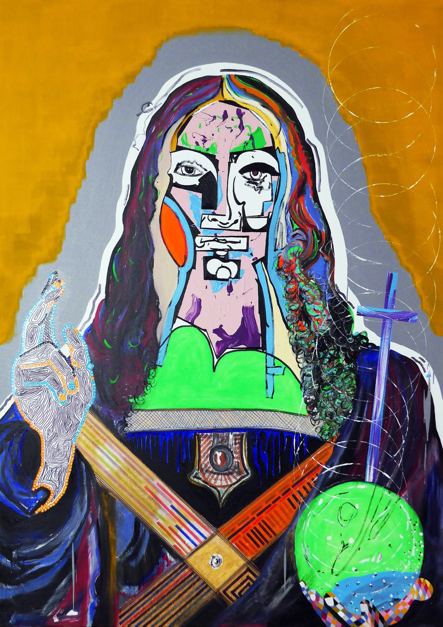 Surpeinture：Salvator Mundi，2020 年（布面油画、纸张和丙烯酸树脂） 作者 伯努瓦·埃尔万·布歇罗