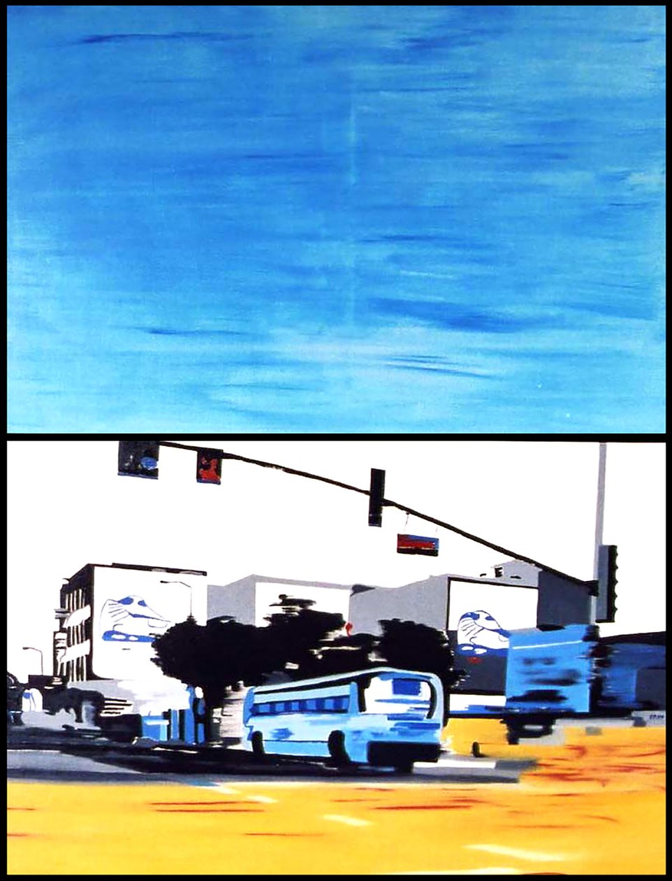 蓝色巴士在召唤我们，2003 年（两块并列画布上的油彩） 作者 伯努瓦·埃尔万·布歇罗