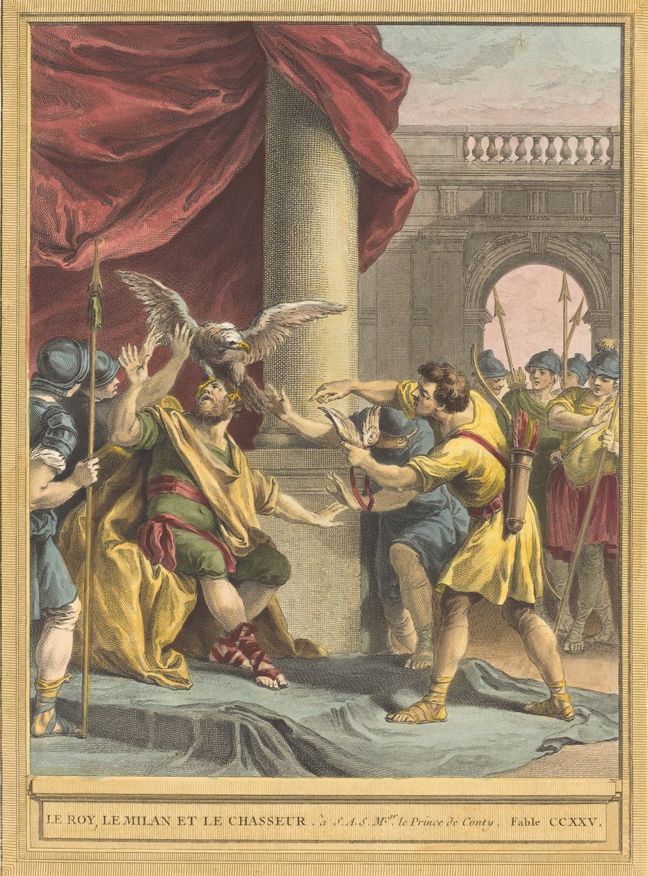Le roi, le milan, et le chasseur 《国王、风筝和猎人》，1759年出版。 作者 贝努瓦·路易斯·普雷沃斯特