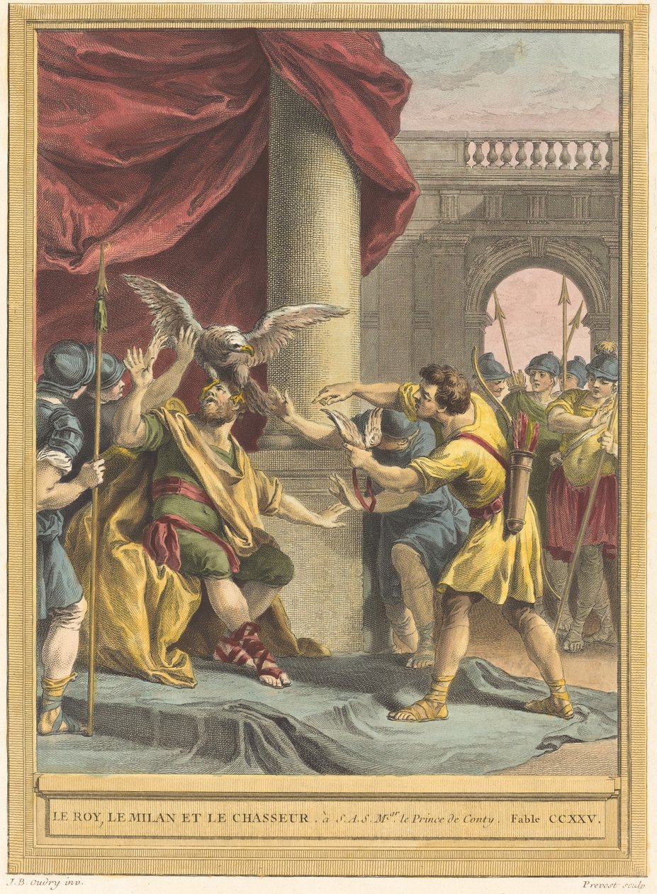 国王、米兰和猎人》（国王、风筝和猎人） 作者 让·巴蒂斯特·乌德里 (Jean Baptiste Oudry) 之后的 Benoît Louis Prévost