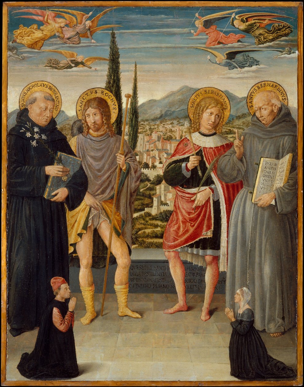 锡耶纳的Tolentino，Roch，Sebastian和Bernardino的圣徒尼古拉斯与跪着的捐助者 作者 Benozzo di Les di Sandro Gozzoli