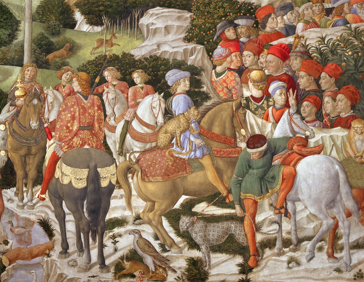 朱利亚诺·德·美第奇（Giuliano de&39;Medici，1453-78）饰演梅尔基奥尔（Melchior），详细介绍了教堂里的魔法骑士之旅，1460 作者 Benozzo di Les di Sandro Gozzoli