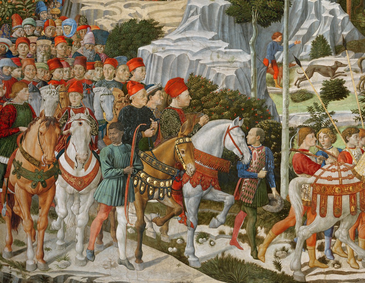 魔法师到伯利恒的旅程，教堂的右手墙，c.1460壁画细节70619 作者 Benozzo di Les di Sandro Gozzoli