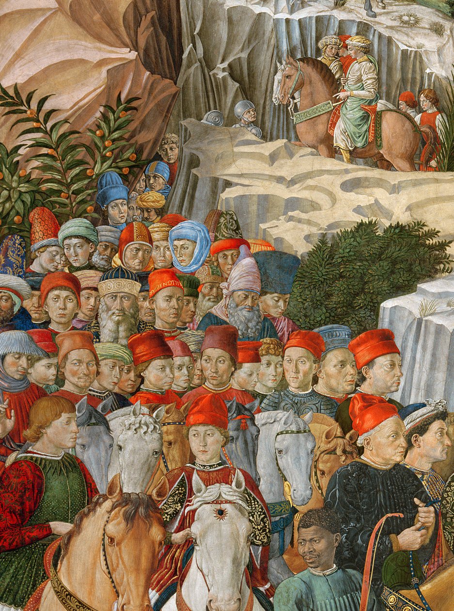 游行中的面孔，包括Gozzoli的自画像（戴着带金色铭文的红色帽子：Opus Benotii），细节来自教堂的魔法骑行之旅，1460（d） 作者 Benozzo di Les di Sandro Gozzoli