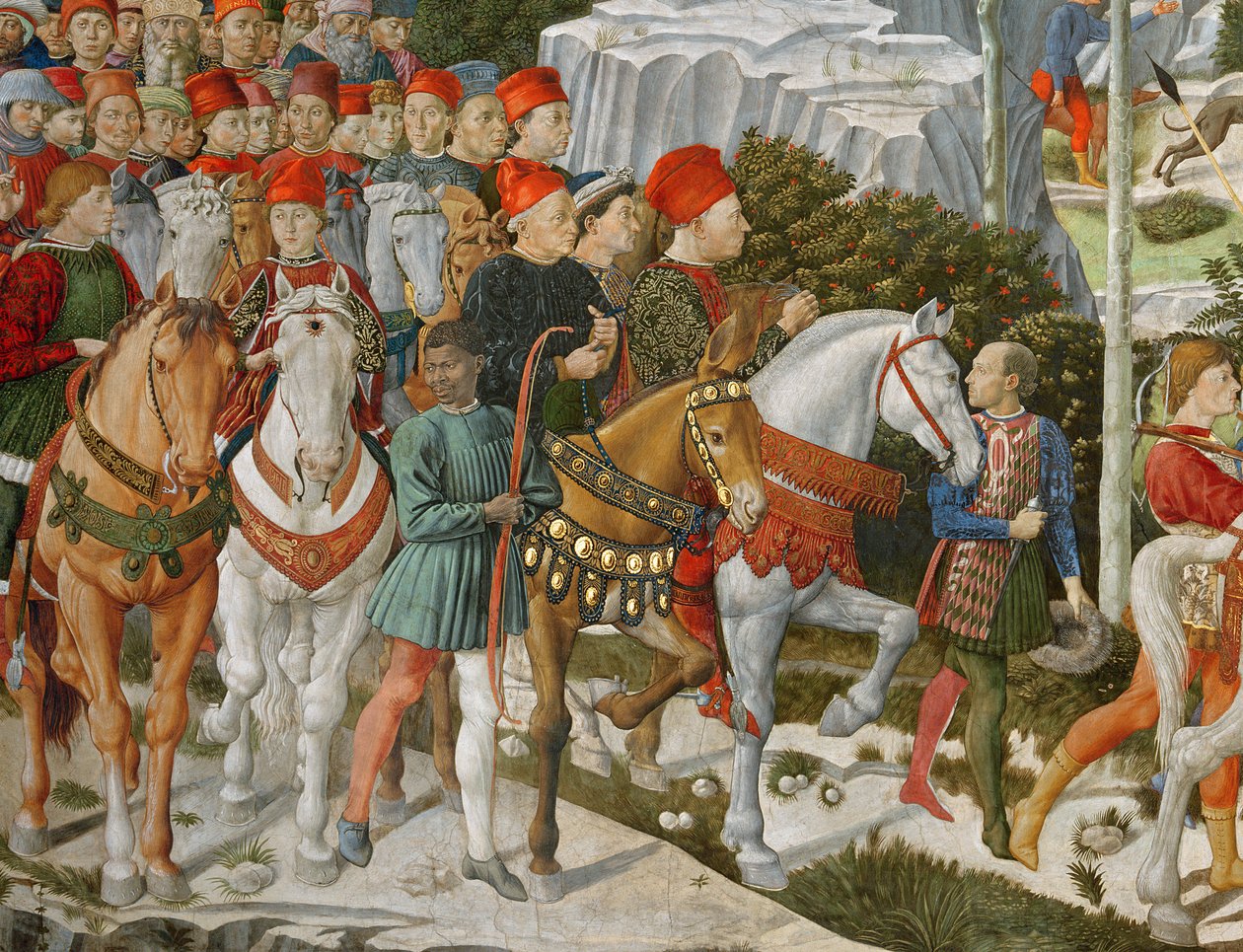 Galeazzo Maria Sforza，米兰公爵（1444-76），极左，在一匹棕色的马和Sigismondo Pandolfo Malatesta，里米尼（1417-68）的统治者在他旁边的灰色马，详细的M之旅 作者 Benozzo di Les di Sandro Gozzoli