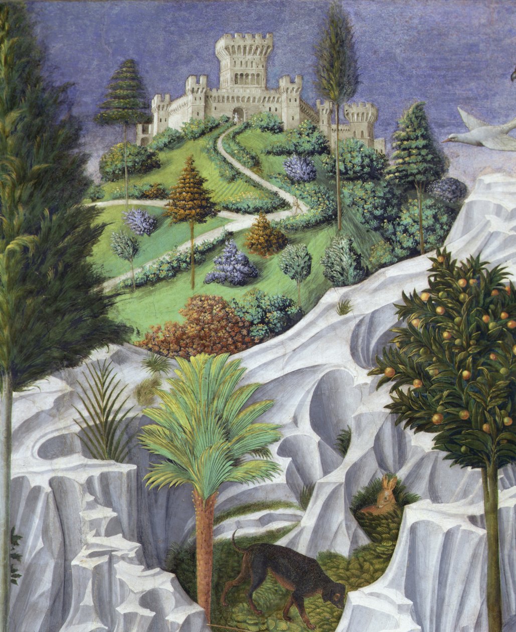 有城堡的风景，《马吉国王前往伯利恒的队伍》细节 作者 Benozzo di Les di Sandro Gozzoli