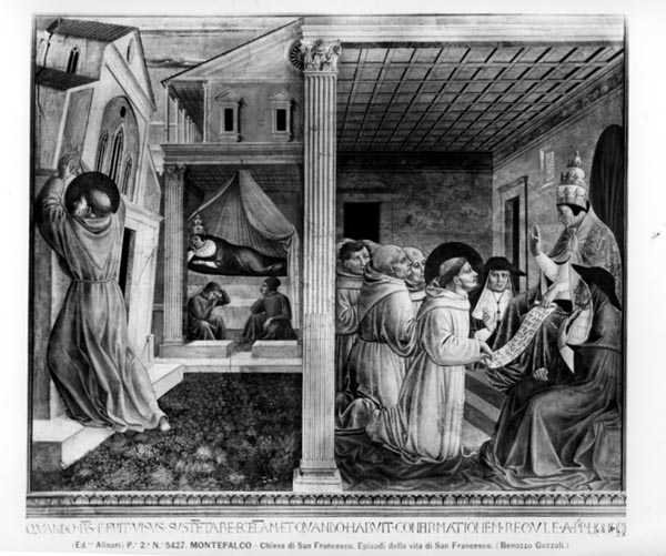 教皇英诺森三世批准规则（壁画）（黑白照片）。 作者 Benozzo di Les di Sandro Gozzoli