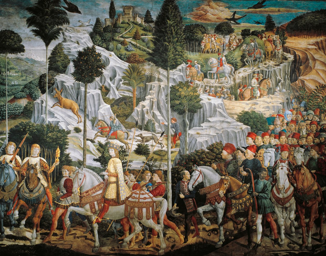 玛吉国王前往伯利恒的队伍，由Benozzo Gozzoli（1420-1497）创作，壁画，蛋彩和油画，佛罗伦萨美第奇宫教堂，Riccardi。 作者 Benozzo di Les di Sandro Gozzoli