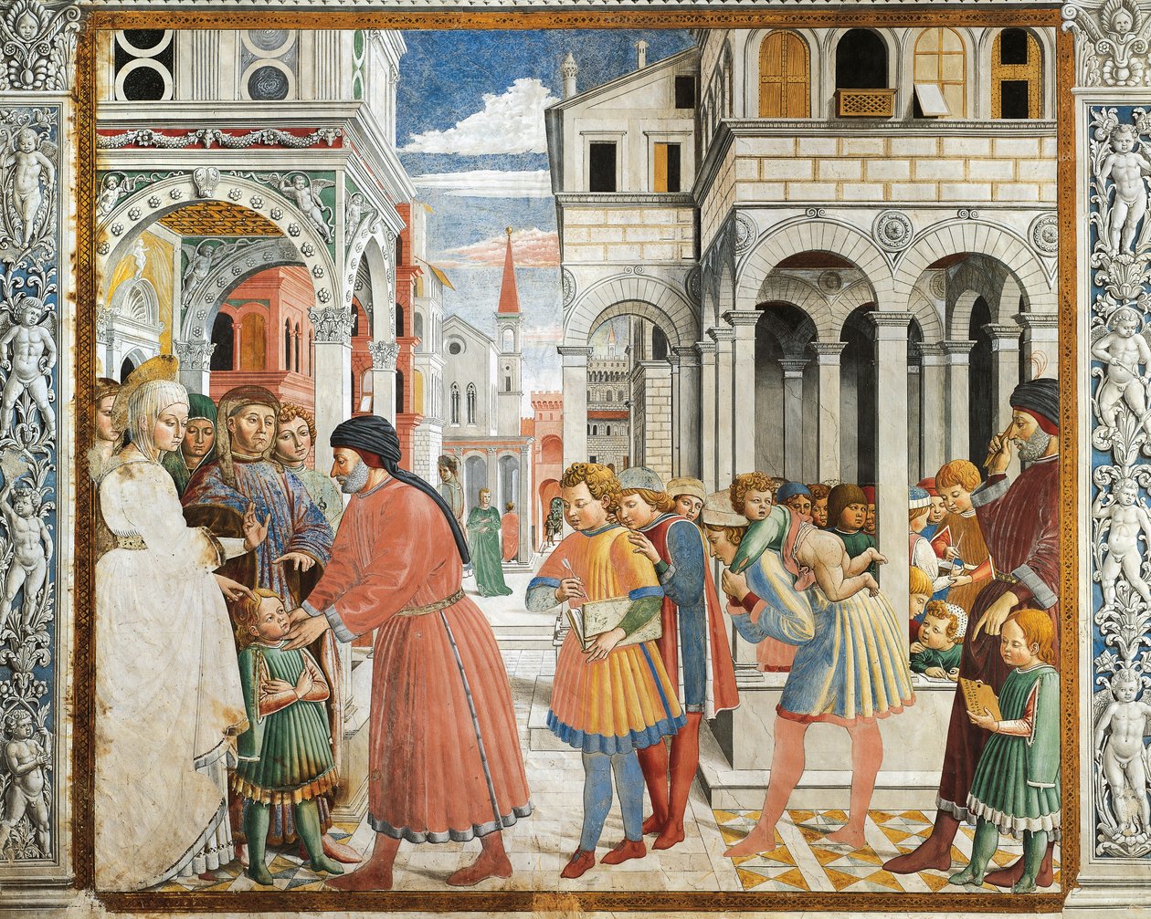 圣奥古斯丁被父母带到塔加斯特的文法老师那里，由Benozzo Gozzoli（1420-1497）创作，壁画，圣吉米尼亚诺的圣奥古斯丁教堂（联合国教科文组织世界遗产名录 作者 Benozzo di Les di Sandro Gozzoli