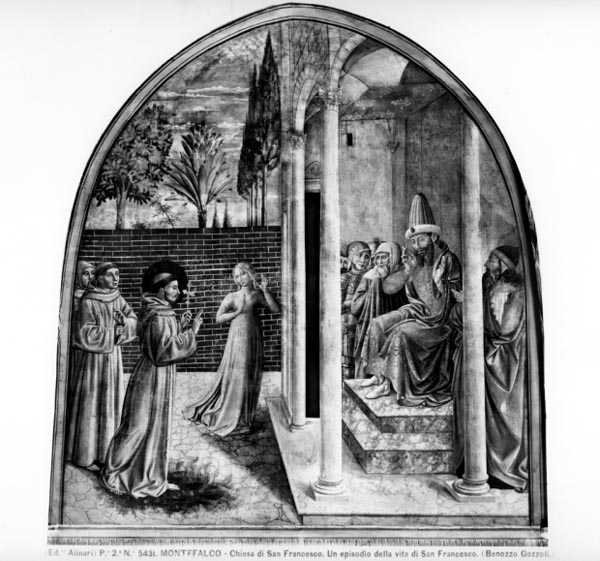 苏丹面前的圣方济各（壁画）（黑白照片）。 作者 Benozzo di Les di Sandro Gozzoli