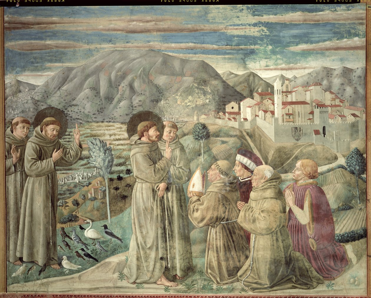 圣弗朗西斯向鸟类讲道并祝福蒙特法尔科，1452年 作者 Benozzo di Les di Sandro Gozzoli