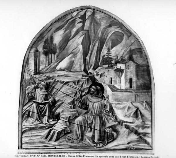 圣方济各接受圣痕（壁画）（黑白照片）。 作者 Benozzo di Les di Sandro Gozzoli