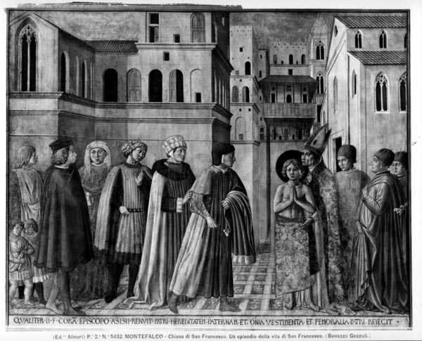 圣方济各放弃他的世俗物品（壁画）（黑白照片）。 作者 Benozzo di Les di Sandro Gozzoli