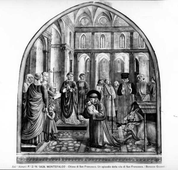 圣方济各在格雷西奥摇晃婴儿（壁画）（黑白照片）。 作者 Benozzo di Les di Sandro Gozzoli