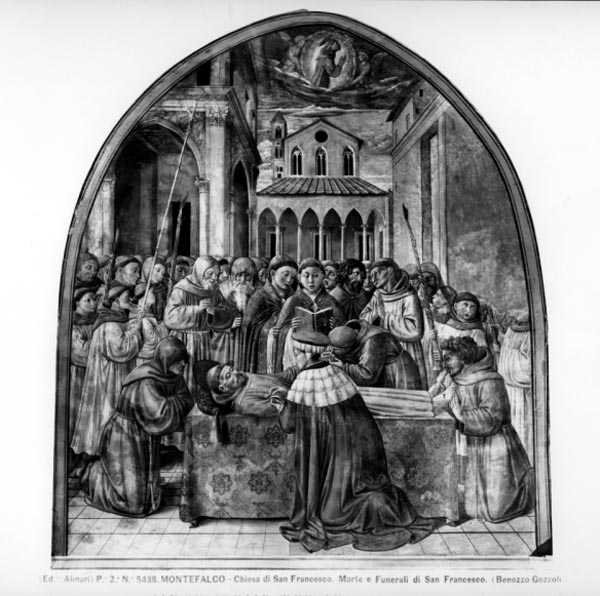 圣弗朗西斯的埋葬仪式（壁画）（黑白照片）。 作者 Benozzo di Les di Sandro Gozzoli